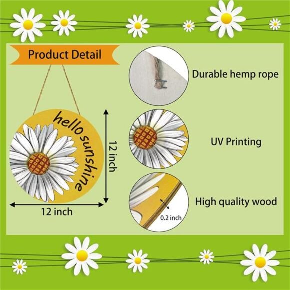 Summer Daisy Hello Sunshine Door Sign Summer Daisy Front Door Decor Rustic - Picture 2 of 7